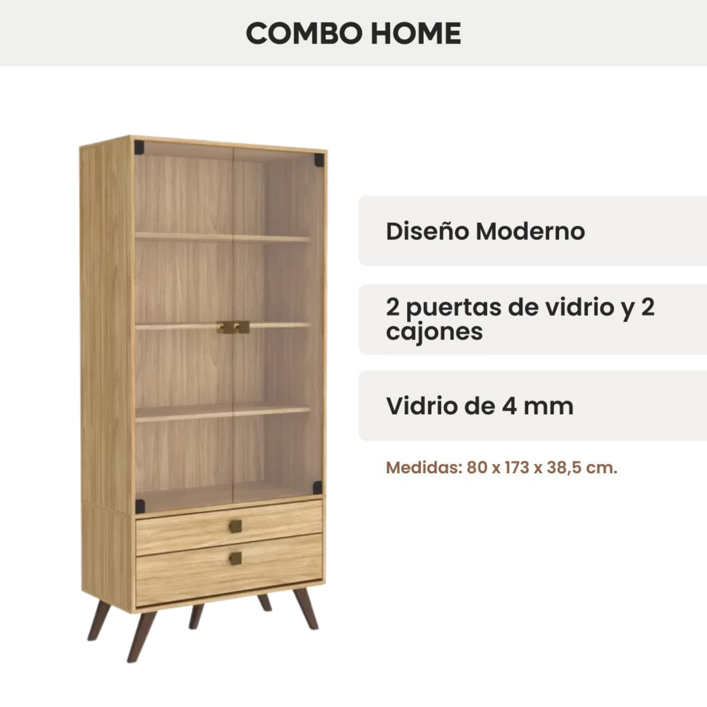 Estantería Nórdica 80 cm Con Vidrio y Cajones